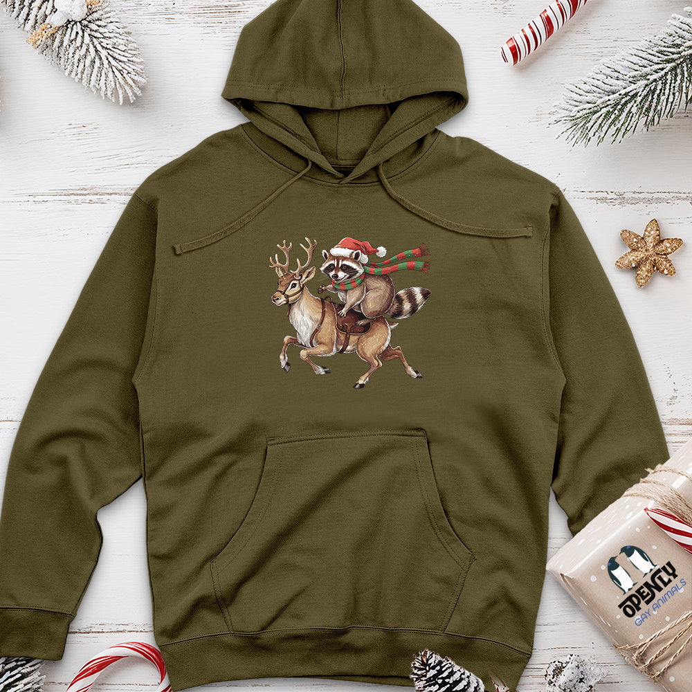 Raccoon Riding Reindeer Unisex Midweight Hoodie