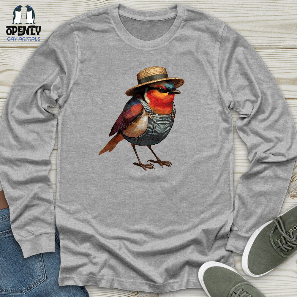 Robin Bird With a Straw Hat Unisex Long Sleeve Tee