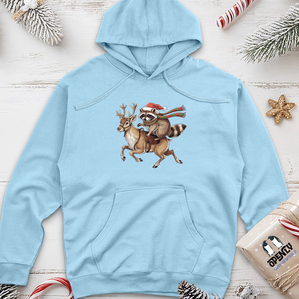 Raccoon Riding Reindeer Unisex Midweight Hoodie
