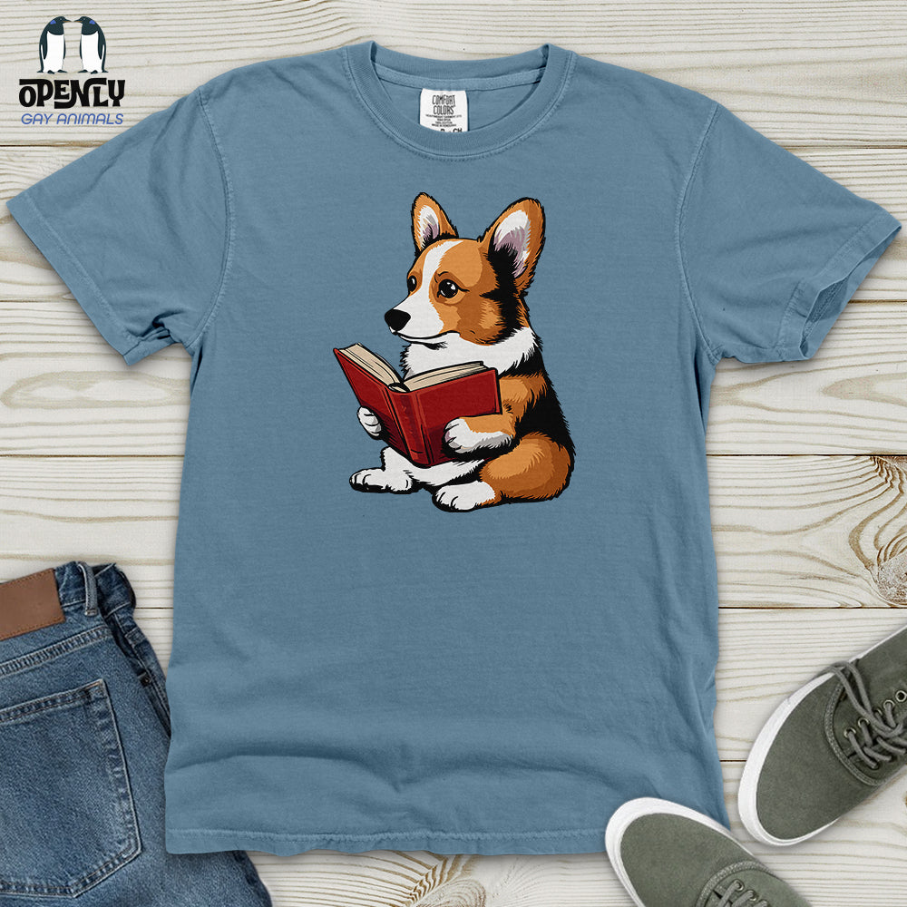 Corgi Reading Book Heavy Cotton Comfort Colors Tee