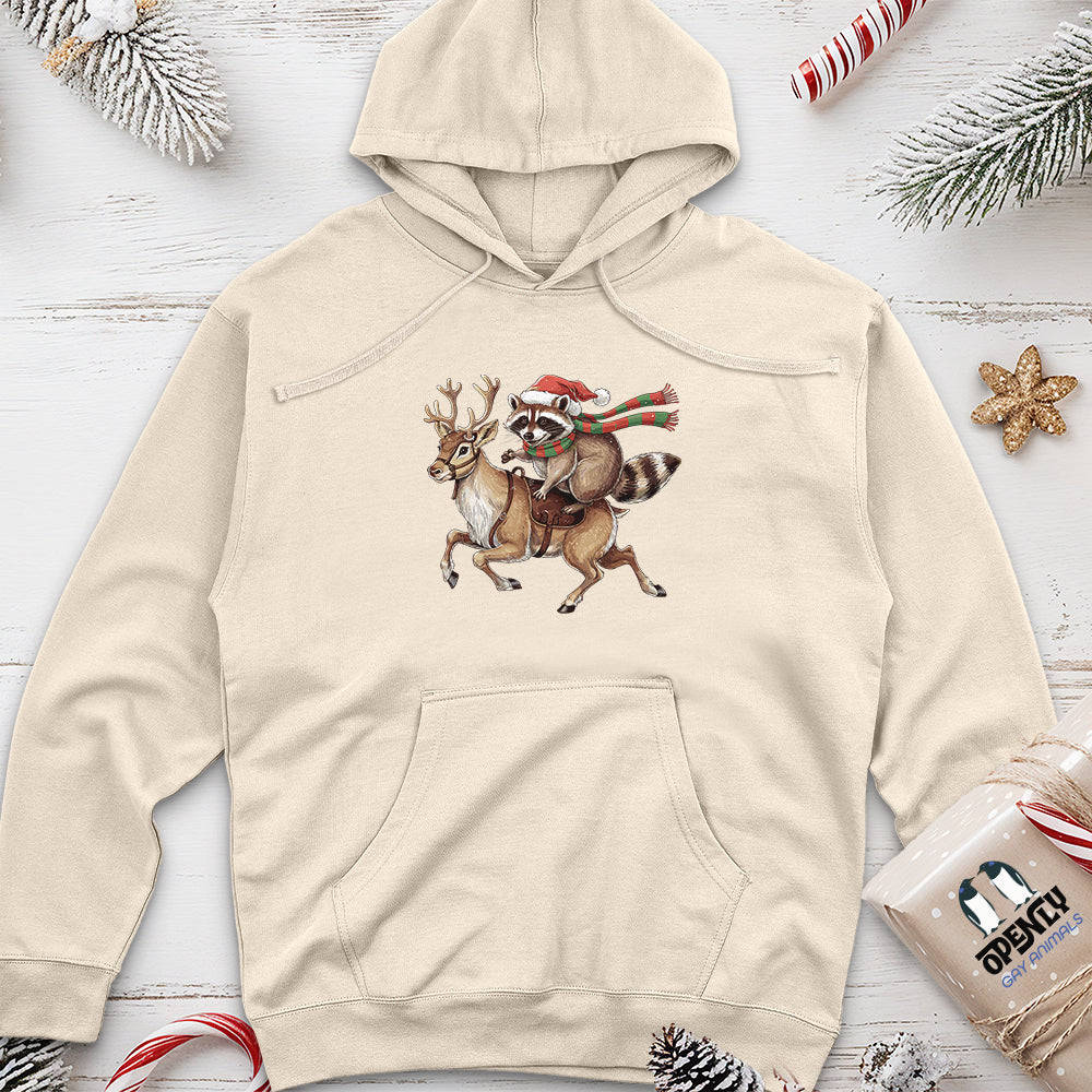 Raccoon Riding Reindeer Unisex Midweight Hoodie