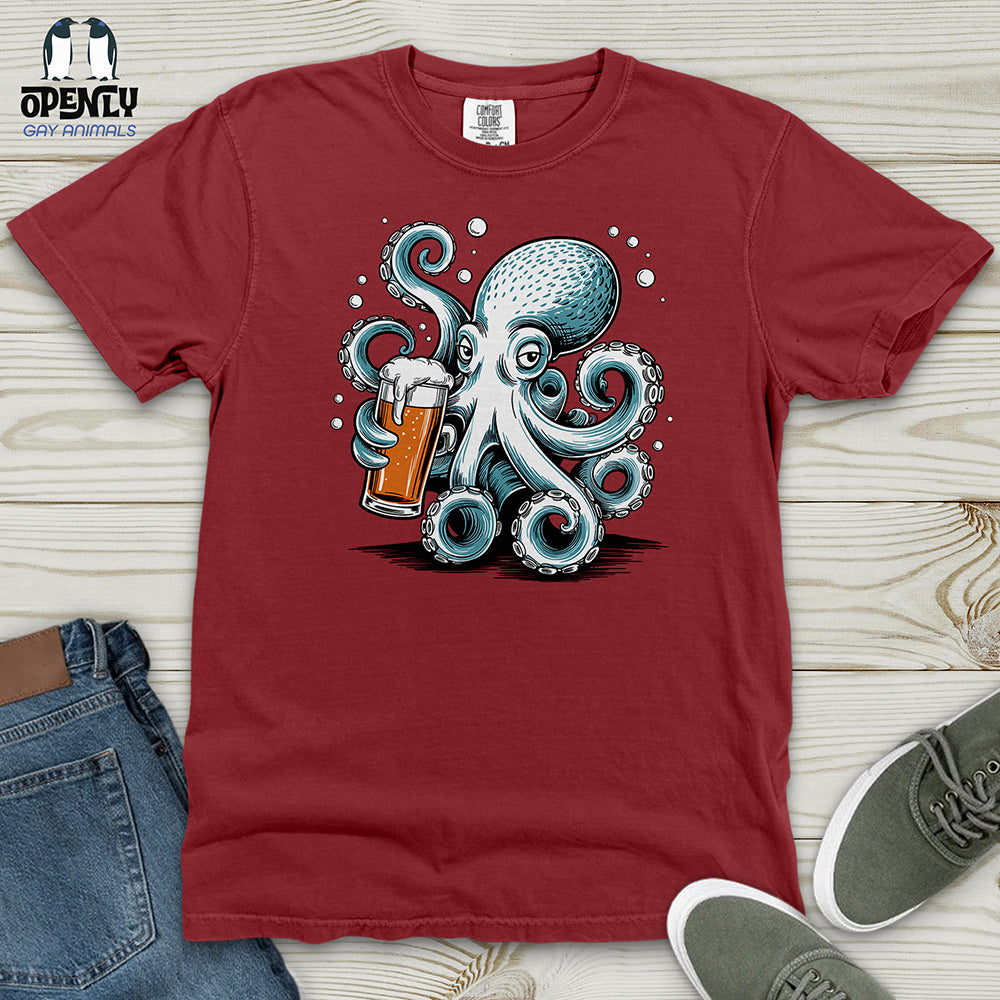 Octopus Holding Beer Glass Heavy Cotton Comfort Colors Tee
