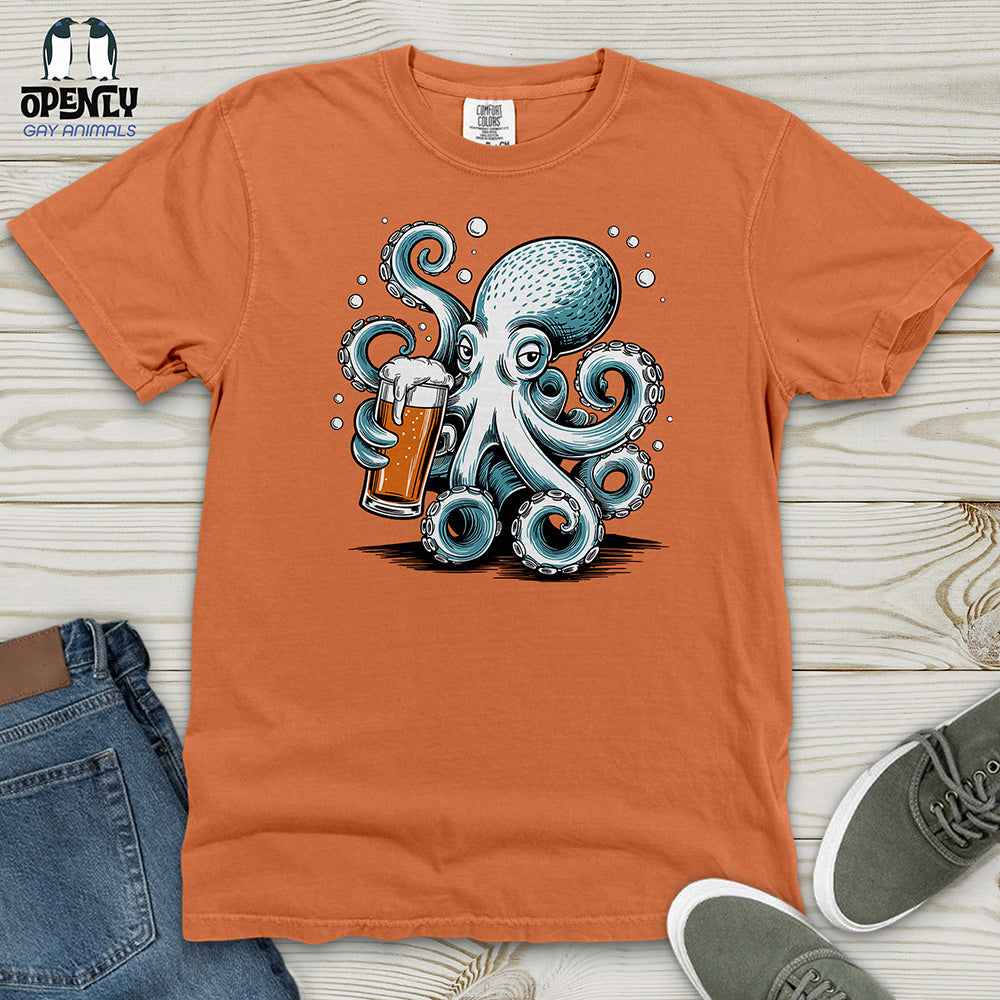 Octopus Holding Beer Glass Heavy Cotton Comfort Colors Tee