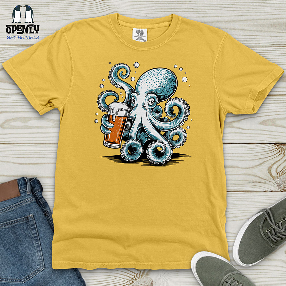 Octopus Holding Beer Glass Heavy Cotton Comfort Colors Tee