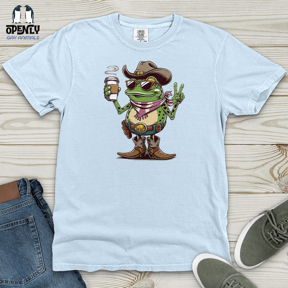 A Cowboy Frog Holding a Coffee Cup Heavy Cotton Comfort Colors Tee