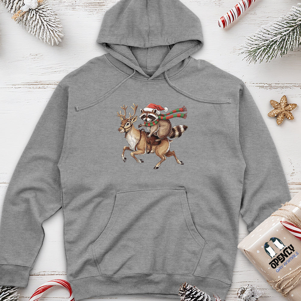 Raccoon Riding Reindeer Unisex Midweight Hoodie