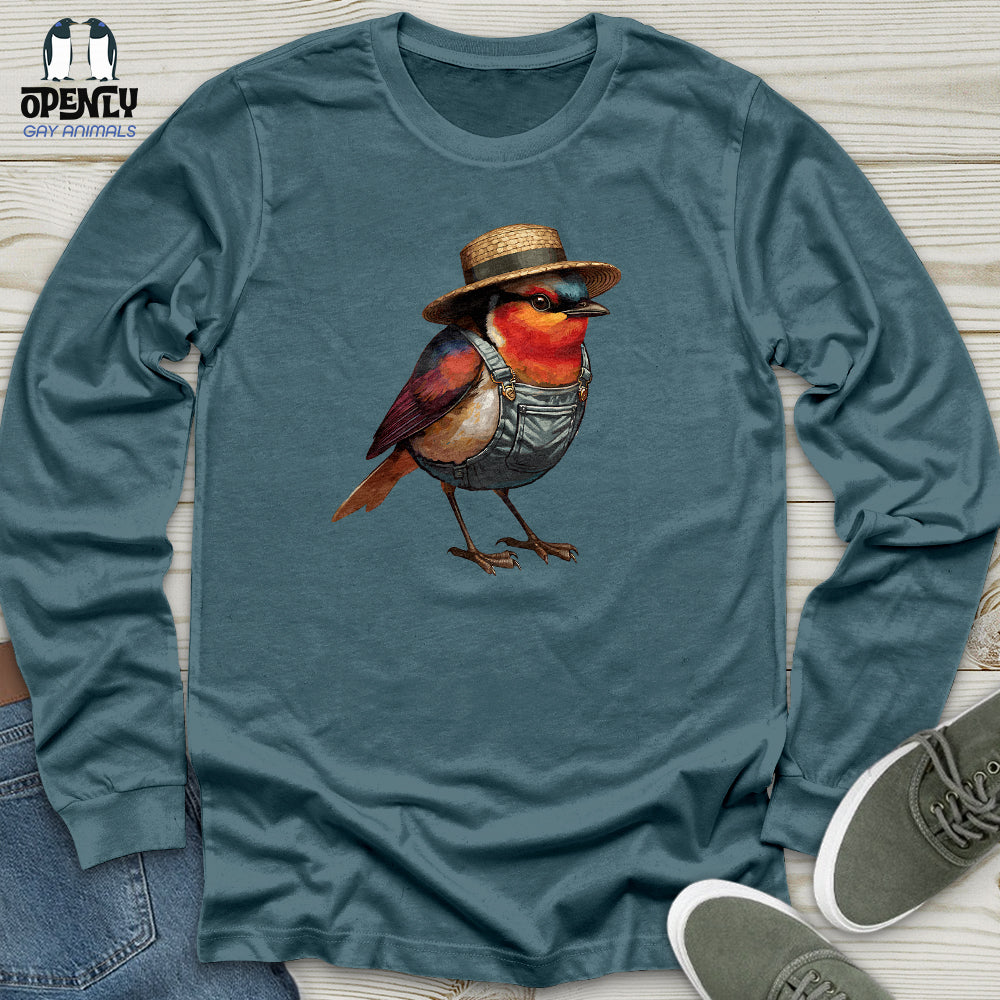 Robin Bird With a Straw Hat Unisex Long Sleeve Tee