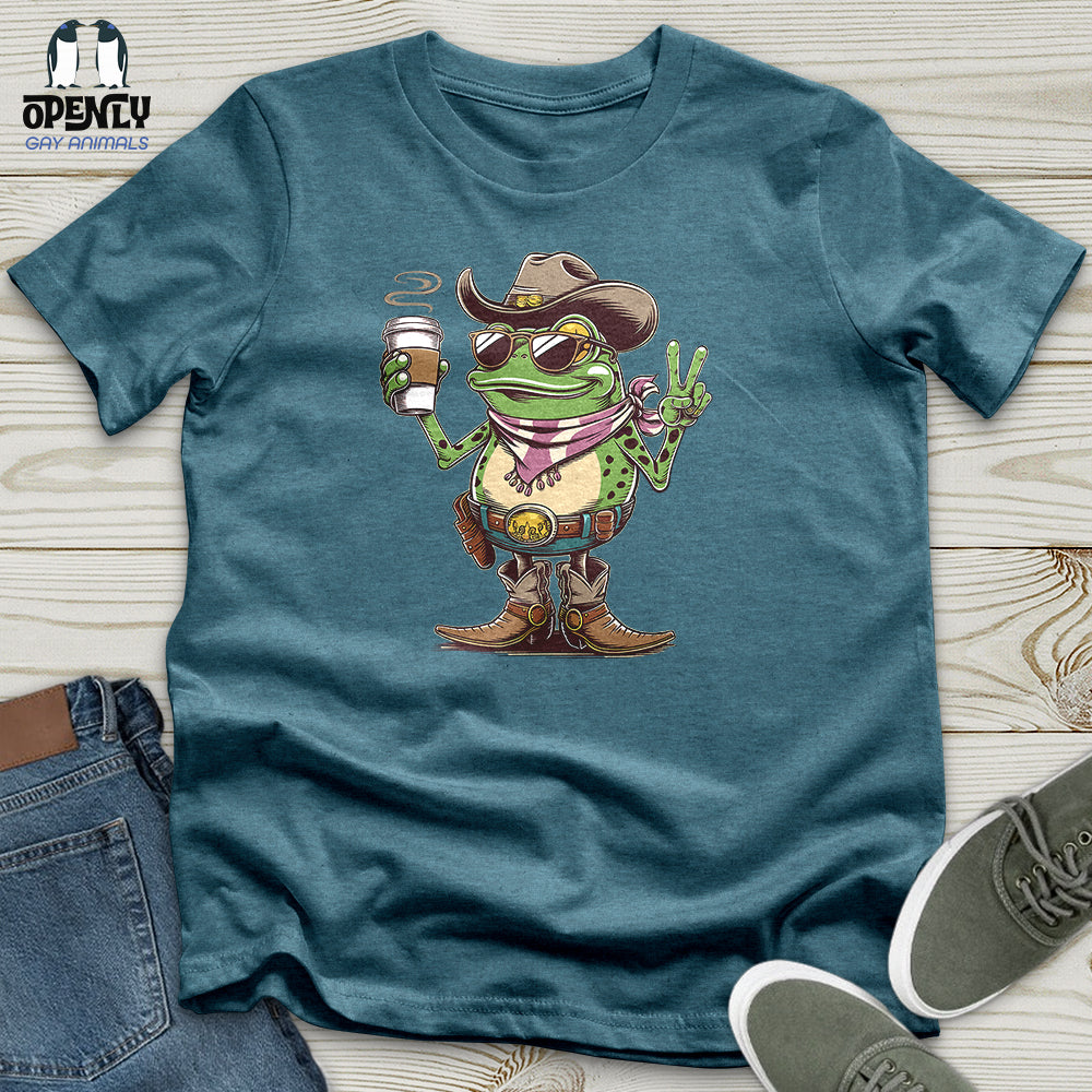 A Cowboy Frog Holding a Coffee Cup Unisex T-Shirt