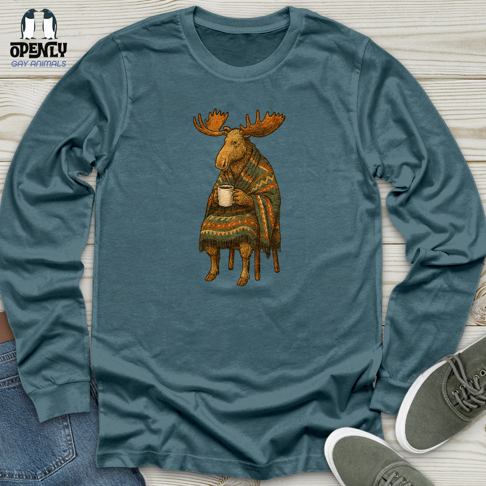 Moose Drinking Coffee Unisex Long Sleeve Tee