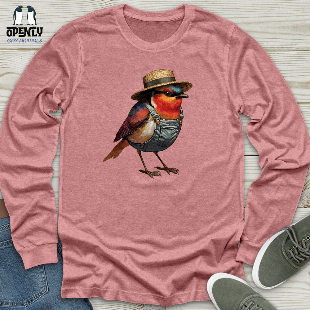 Robin Bird With a Straw Hat Unisex Long Sleeve Tee