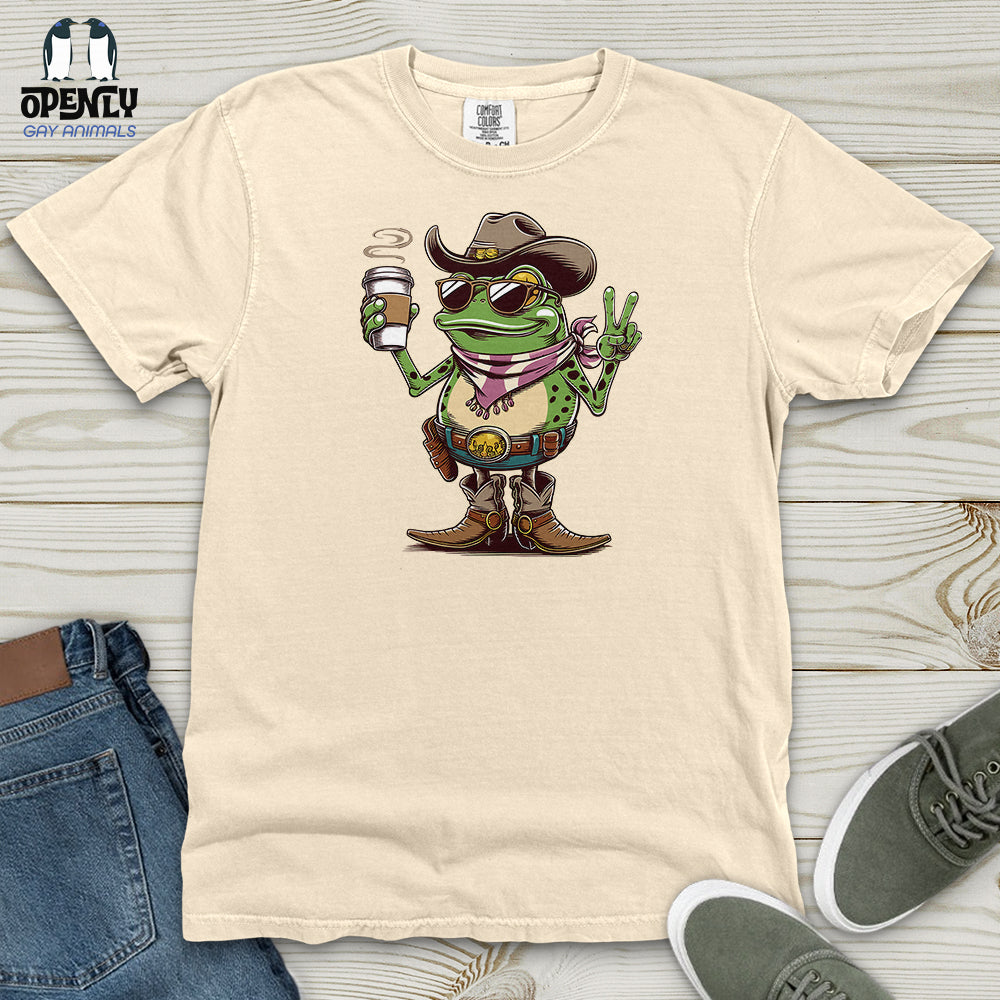 A Cowboy Frog Holding a Coffee Cup Heavy Cotton Comfort Colors Tee