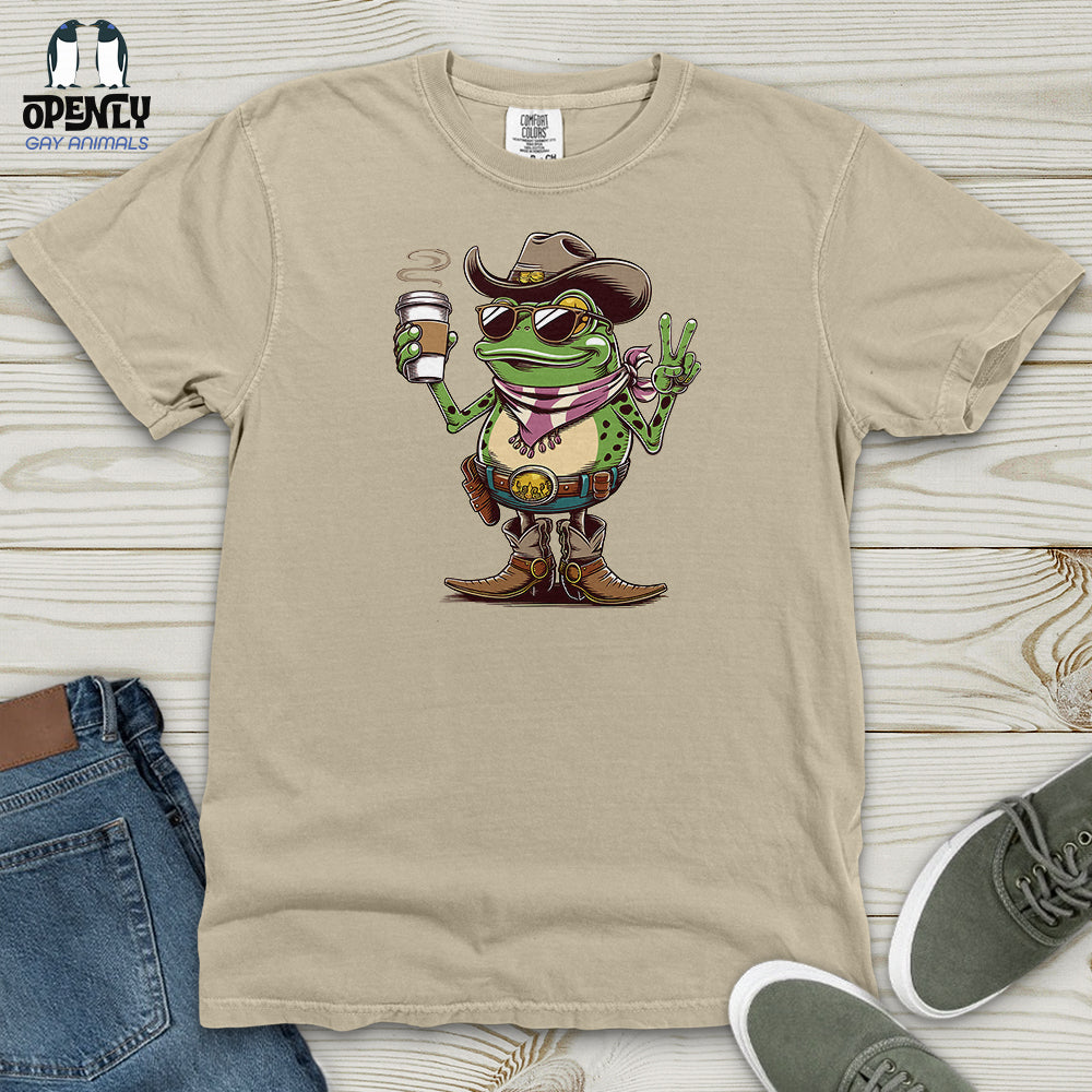 A Cowboy Frog Holding a Coffee Cup Heavy Cotton Comfort Colors Tee