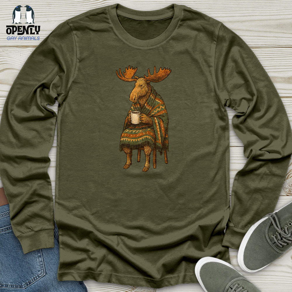 Moose Drinking Coffee Unisex Long Sleeve Tee