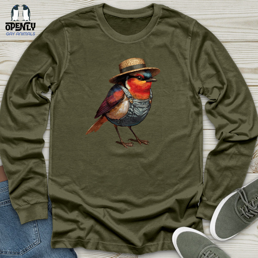 Robin Bird With a Straw Hat Unisex Long Sleeve Tee