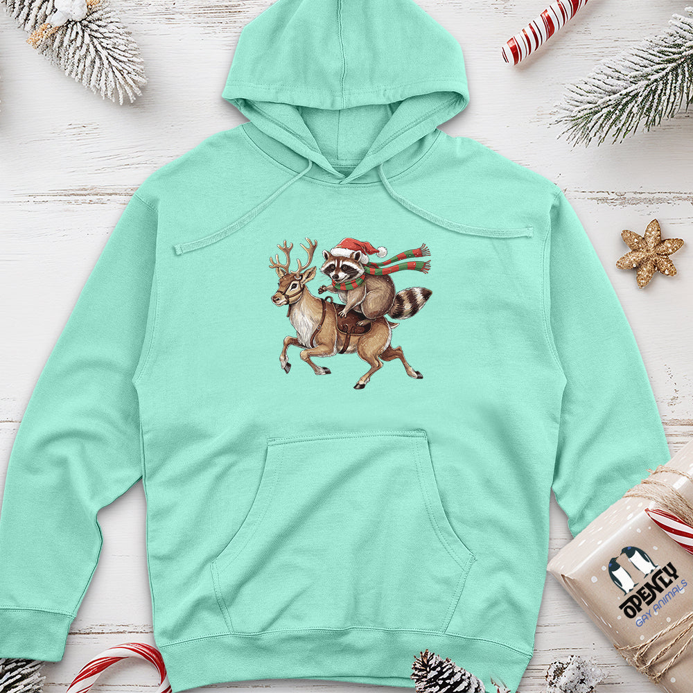 Raccoon Riding Reindeer Unisex Midweight Hoodie