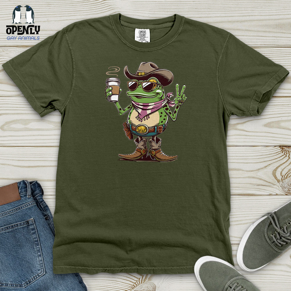A Cowboy Frog Holding a Coffee Cup Heavy Cotton Comfort Colors Tee
