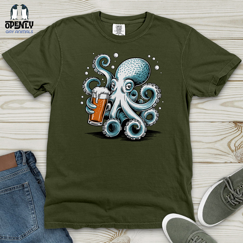 Octopus Holding Beer Glass Heavy Cotton Comfort Colors Tee