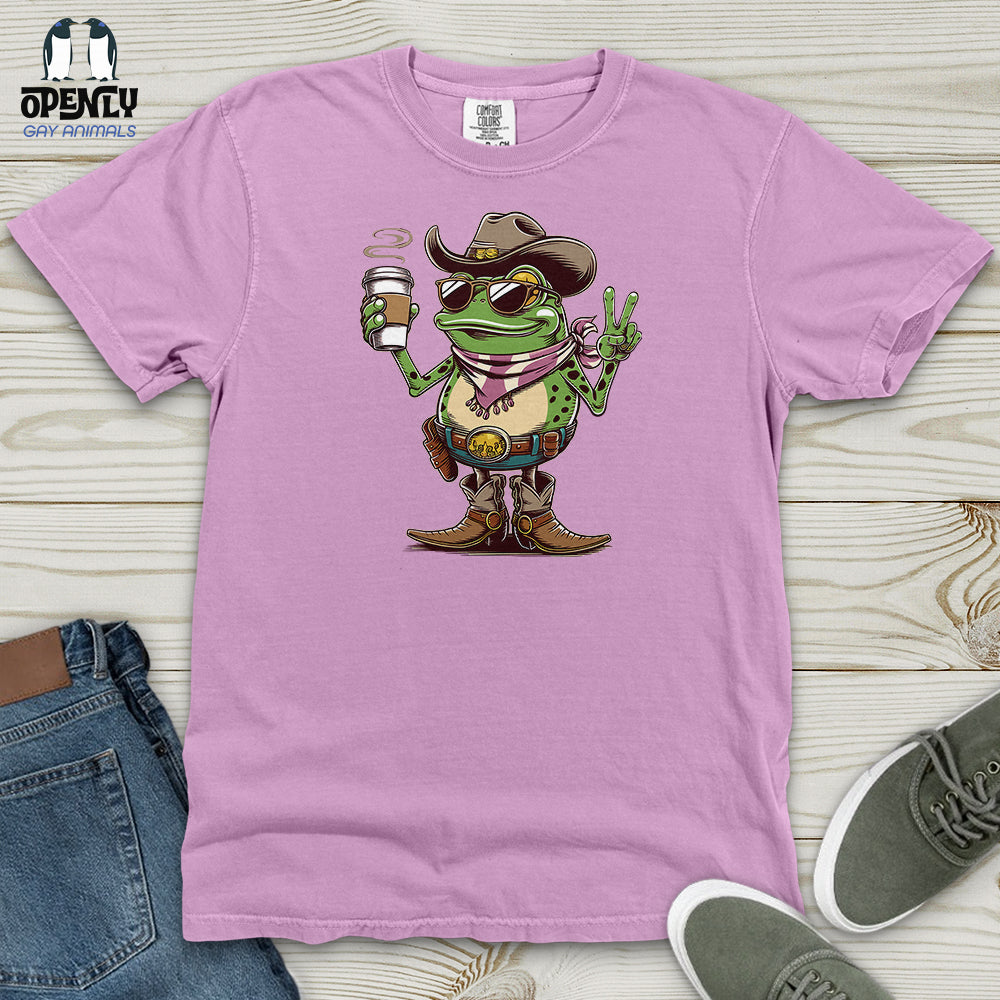 A Cowboy Frog Holding a Coffee Cup Heavy Cotton Comfort Colors Tee