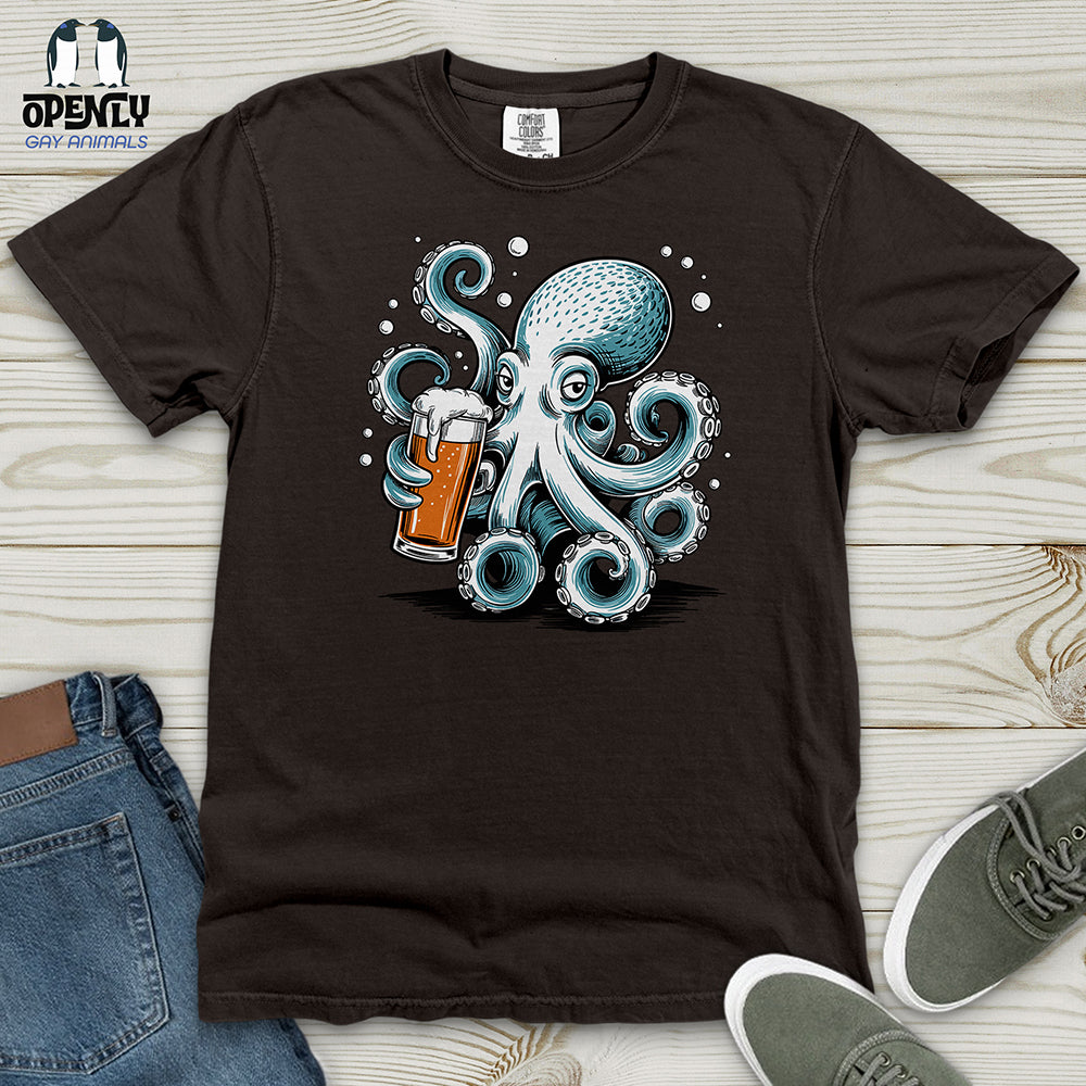 Octopus Holding Beer Glass Heavy Cotton Comfort Colors Tee