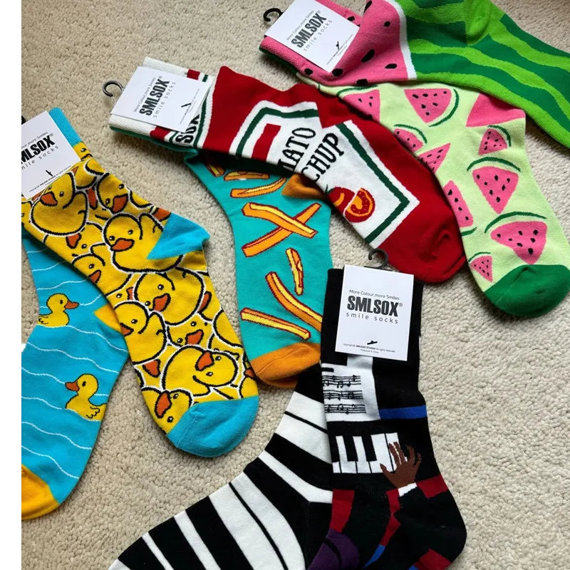 1 Pair Colorful Unisex Socks - Floral, Fruit & Candy Designs - Perfect for Daily Wear & Gift-Giving