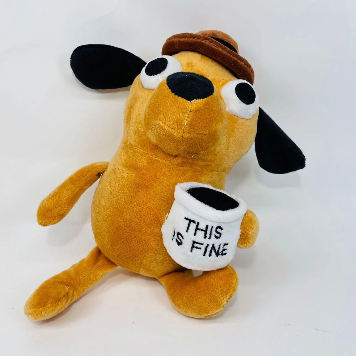 25cm This Is Fine Meme Coffee Dog Plush Toy