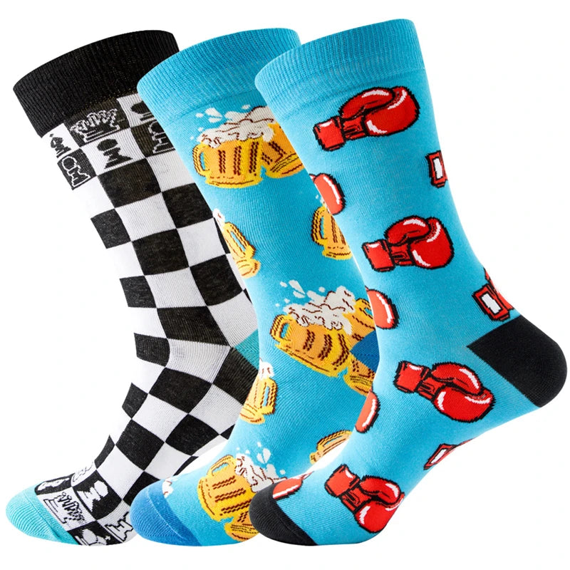 1 Pair Novelty Unisex Socks - Boxing, Dollar, Chess & Animal Designs - Fun Cartoon Cotton Streetwear in Big Sizes