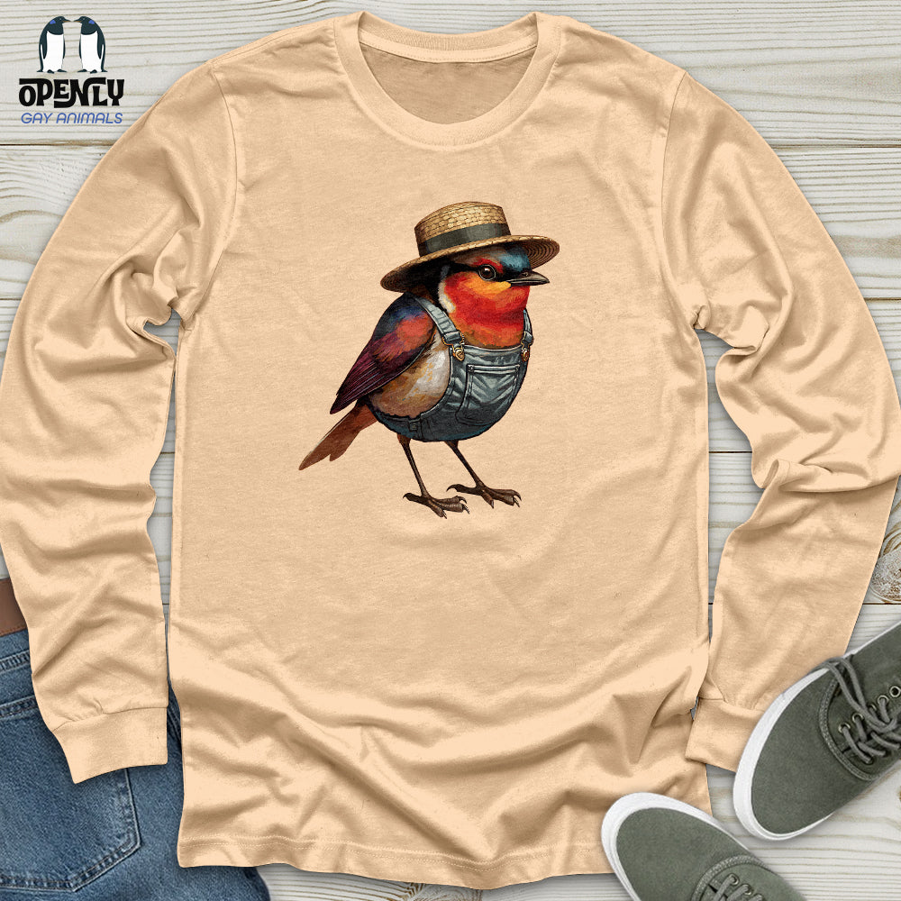 Robin Bird With a Straw Hat Unisex Long Sleeve Tee