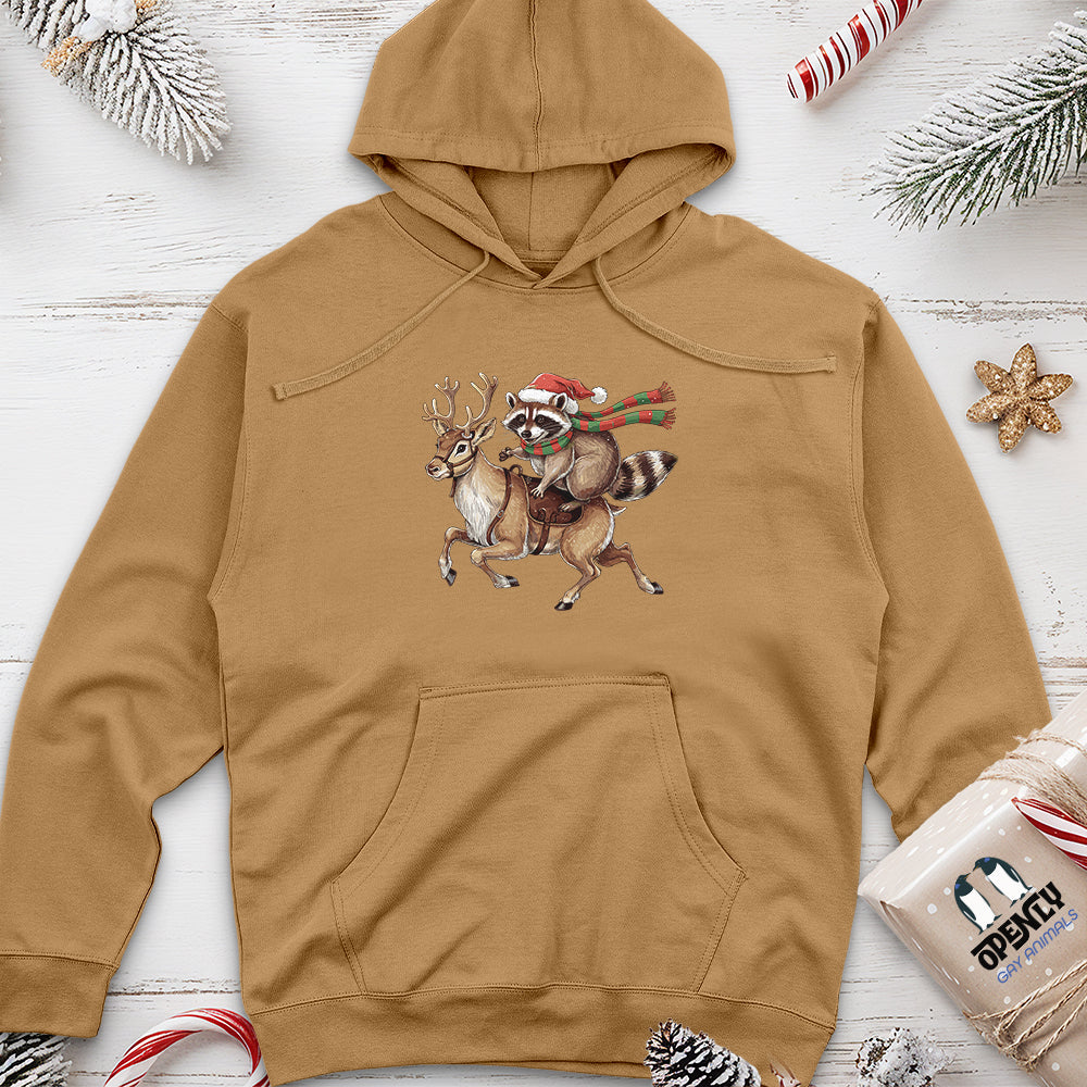 Raccoon Riding Reindeer Unisex Midweight Hoodie