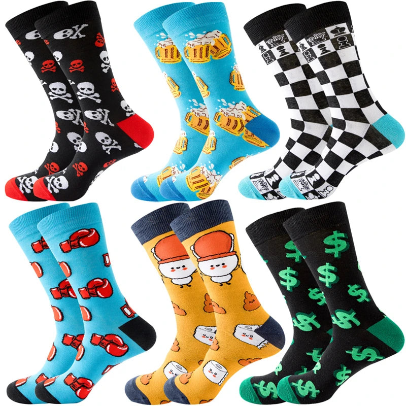 1 Pair Novelty Unisex Socks - Boxing, Dollar, Chess & Animal Designs - Fun Cartoon Cotton Streetwear in Big Sizes