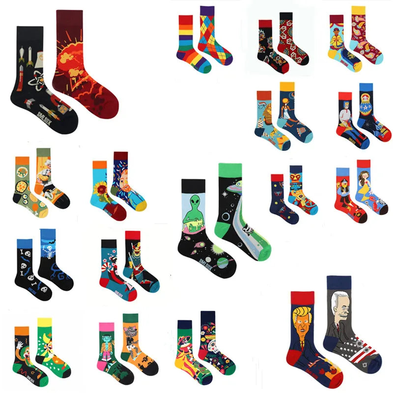 1 Pair Vibrant Unisex Socks - Playful Designs Featuring Aliens, Cowboys & More - Mid-Length Cotton Comfort