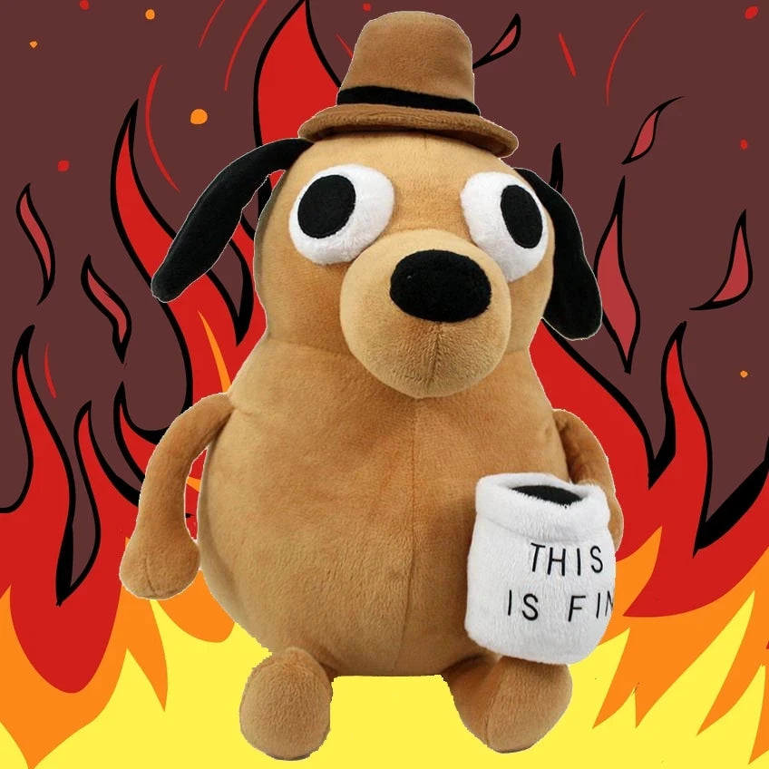 25cm This Is Fine Meme Coffee Dog Plush Toy