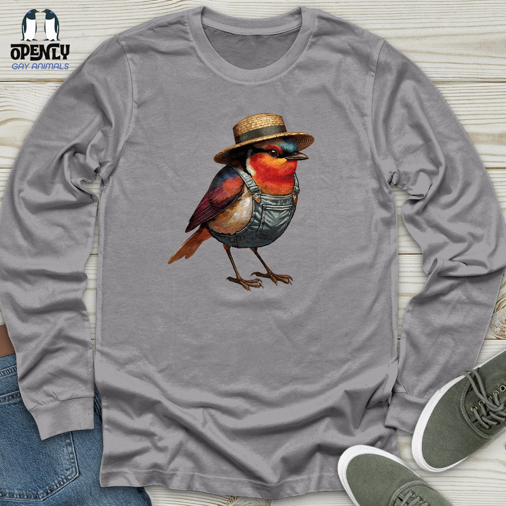 Robin Bird With a Straw Hat Unisex Long Sleeve Tee