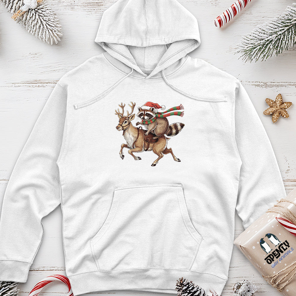 Raccoon Riding Reindeer Unisex Midweight Hoodie