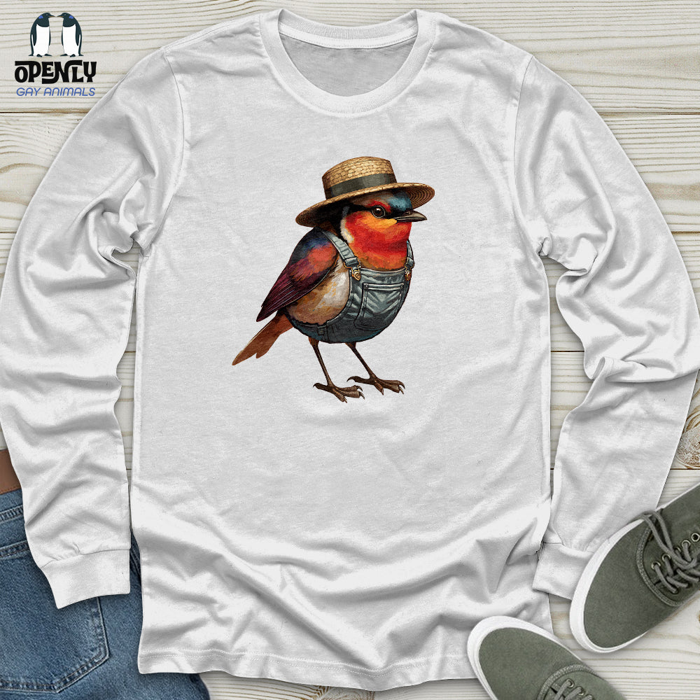 Robin Bird With a Straw Hat Unisex Long Sleeve Tee