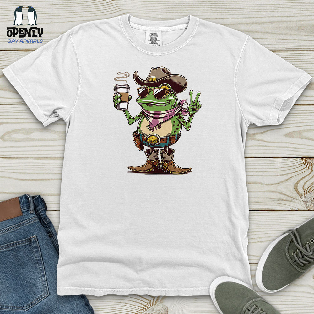 A Cowboy Frog Holding a Coffee Cup Heavy Cotton Comfort Colors Tee