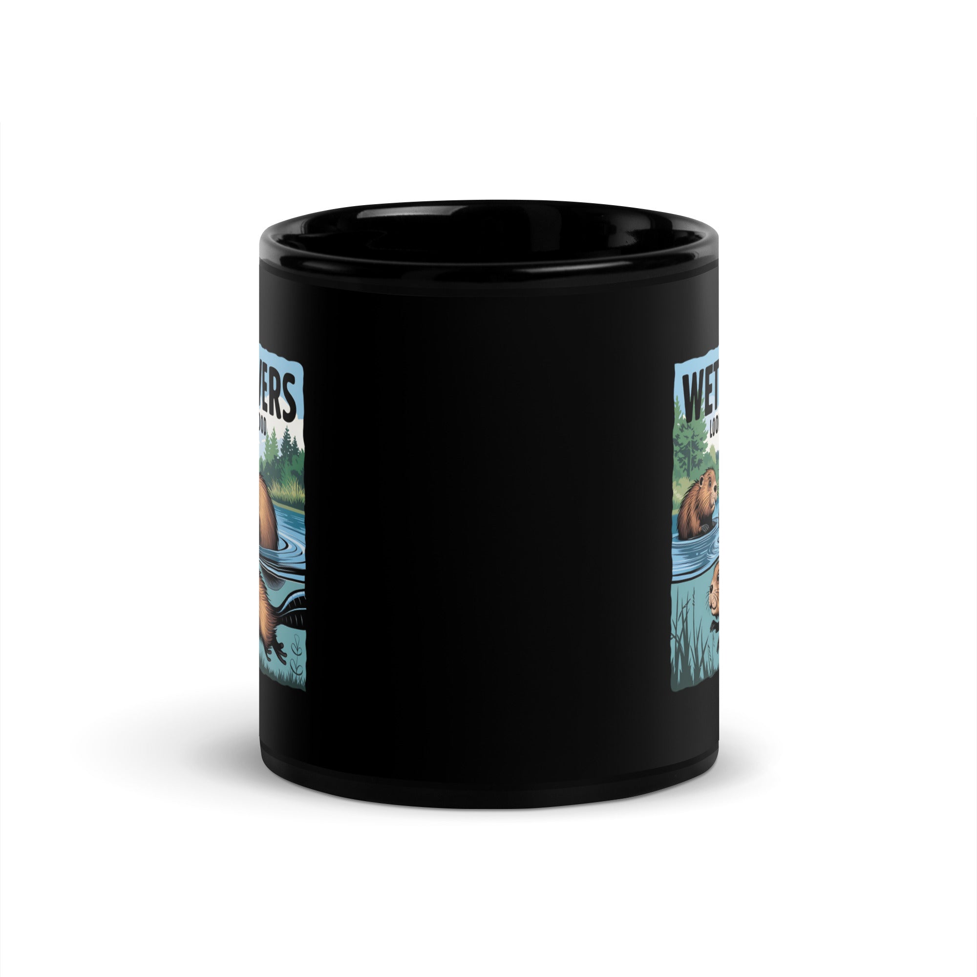 Wet Beavers Looking For Wood Black Glossy Mug