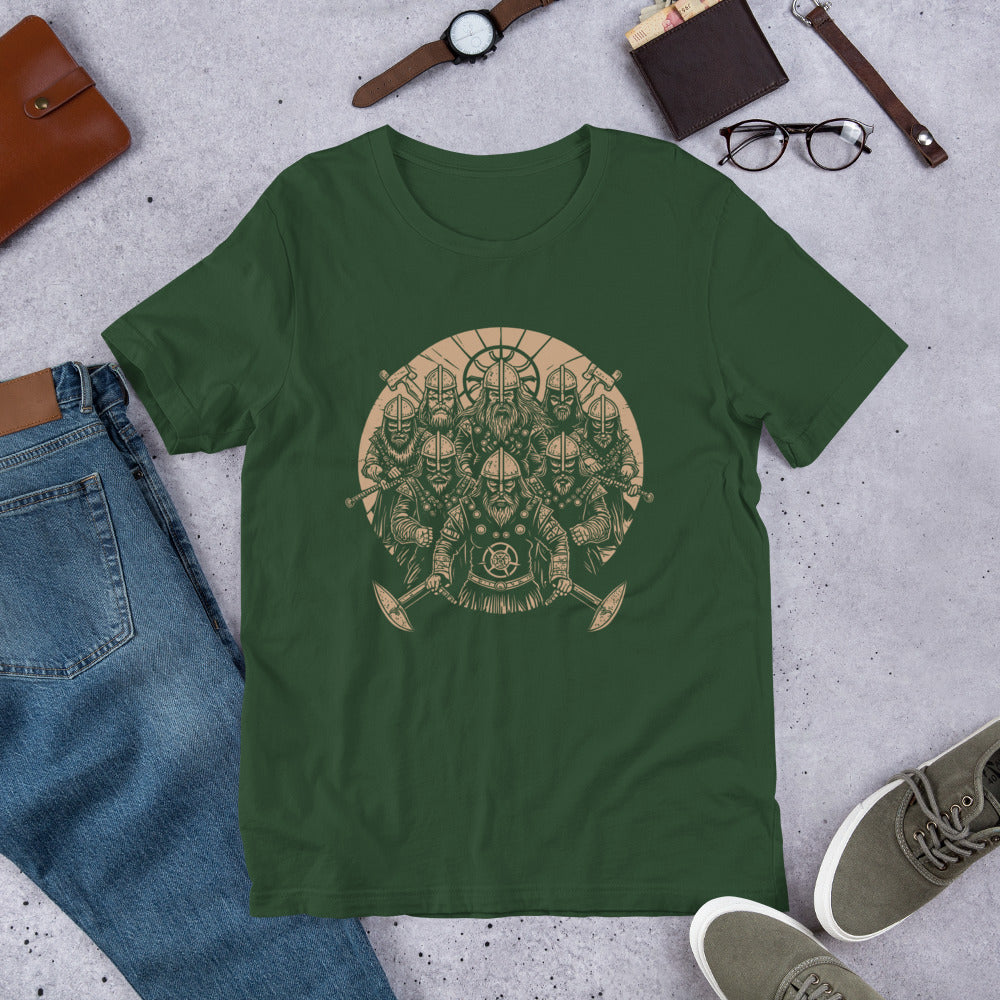 A Gang of Stern Vikings Stands Ominously With Shields Unisex t-shirt