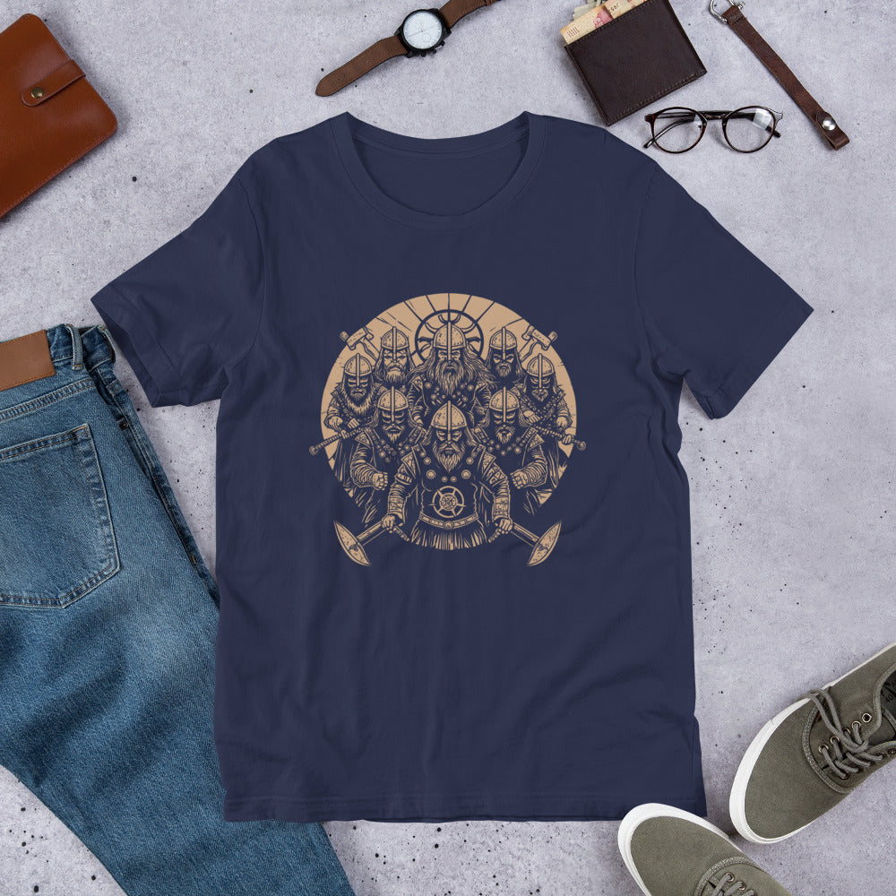 A Gang of Stern Vikings Stands Ominously With Shields Unisex t-shirt