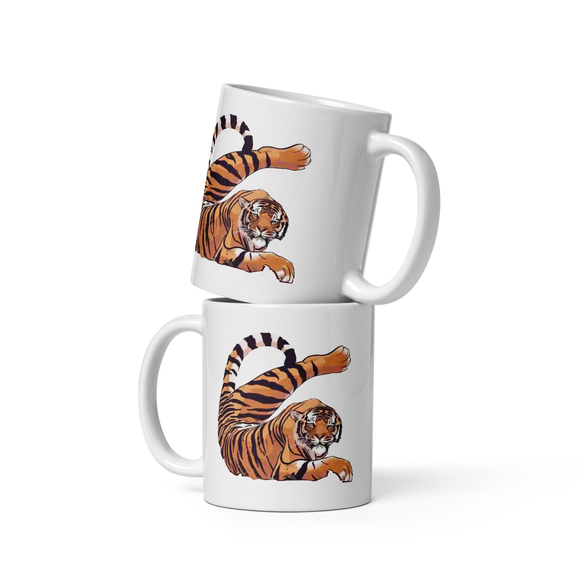 Stretching Tiger White glossy mug