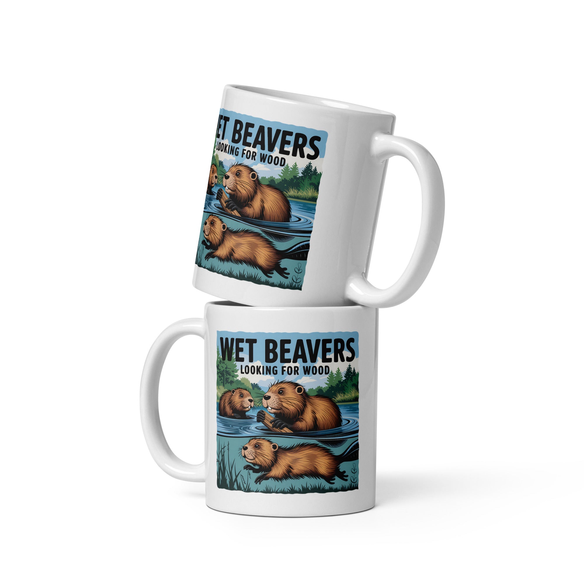 Wet Beavers Looking For Wood White glossy mug