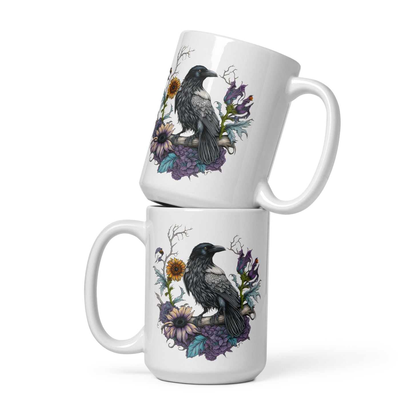 Flower Wreath Raven White glossy mug