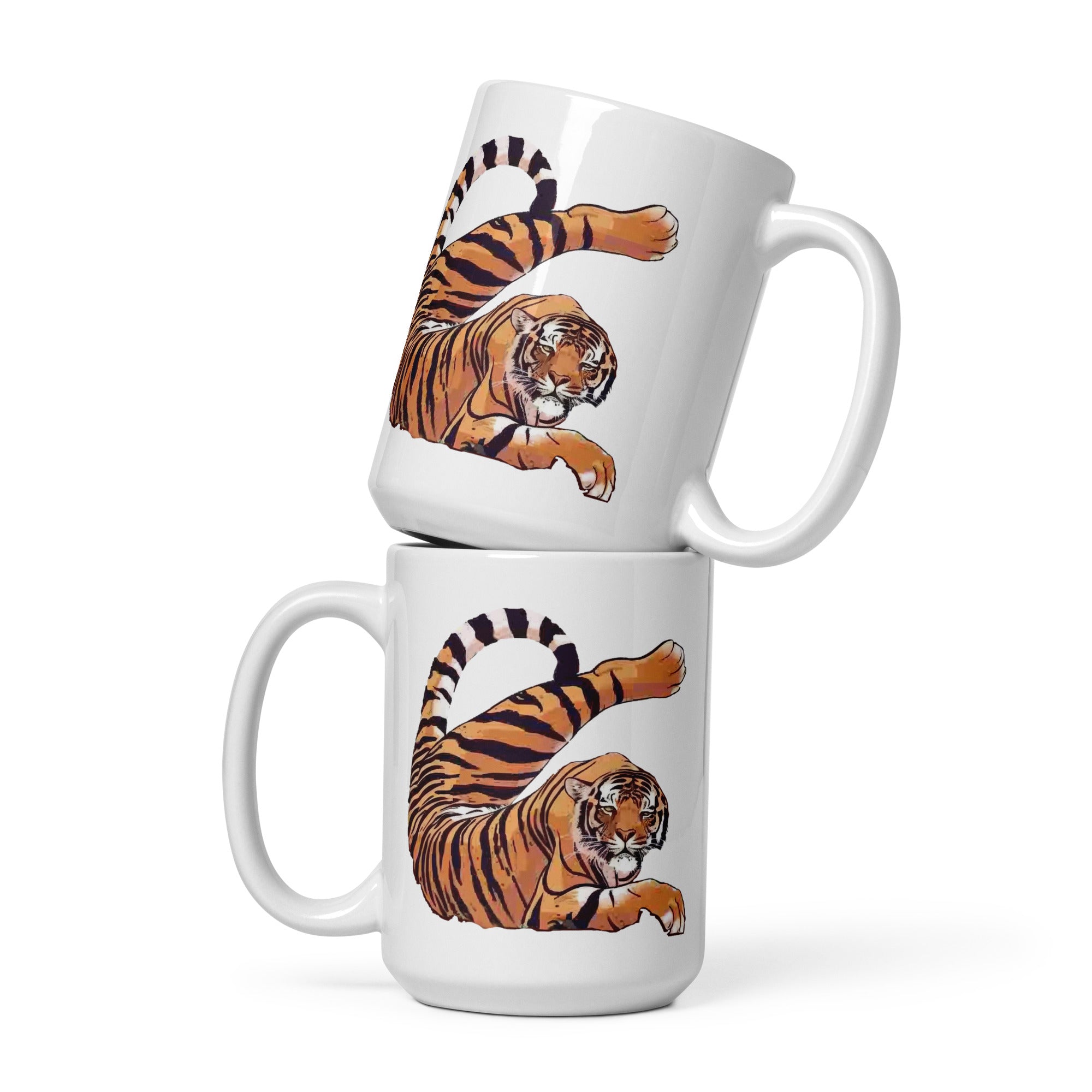Stretching Tiger White glossy mug