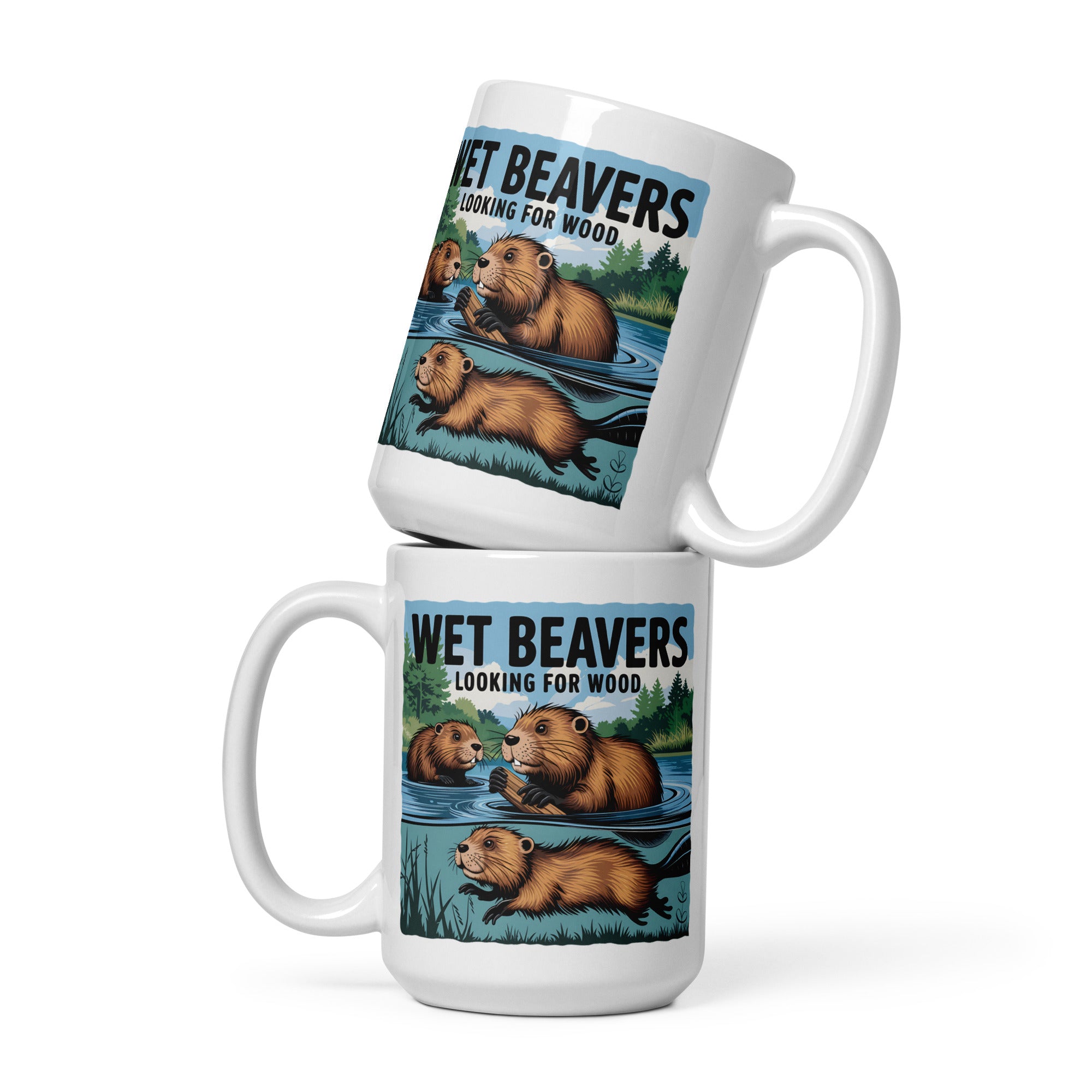 Wet Beavers Looking For Wood White glossy mug