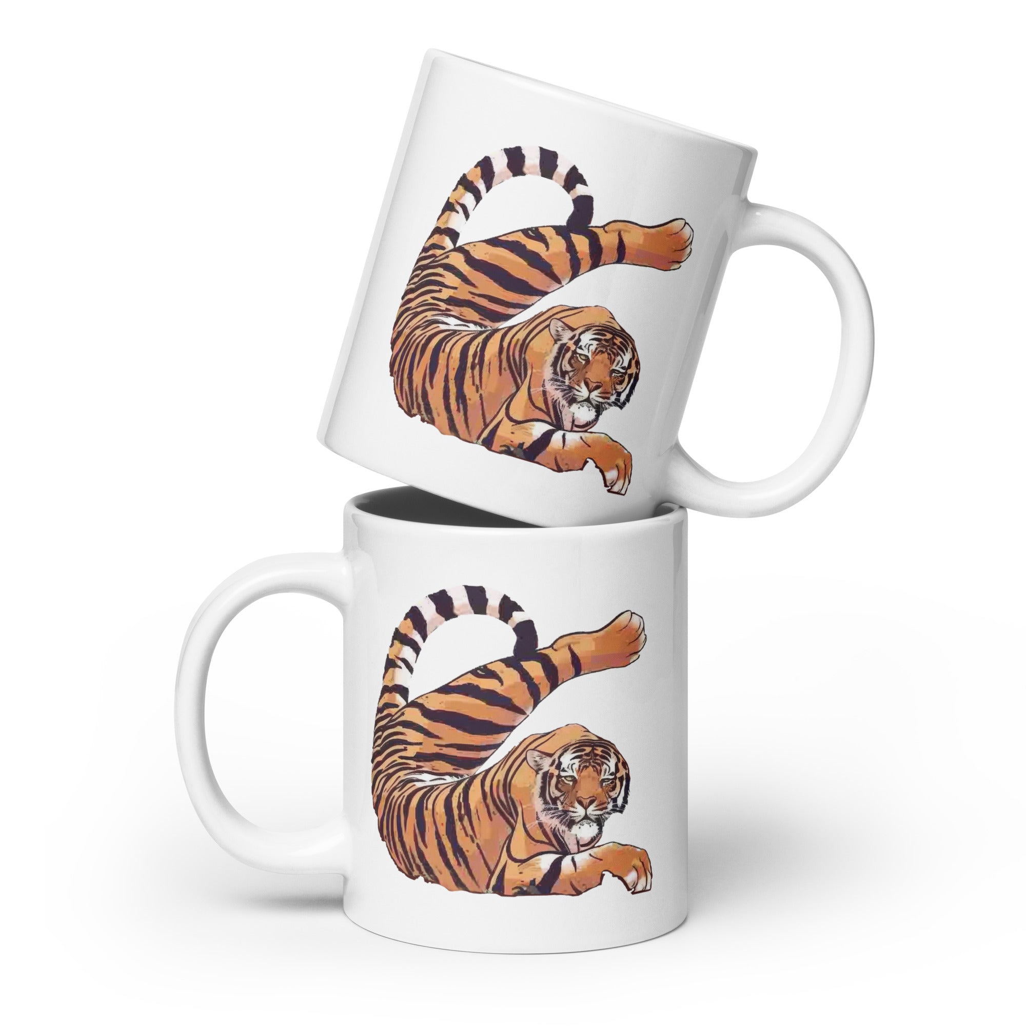 Stretching Tiger White glossy mug