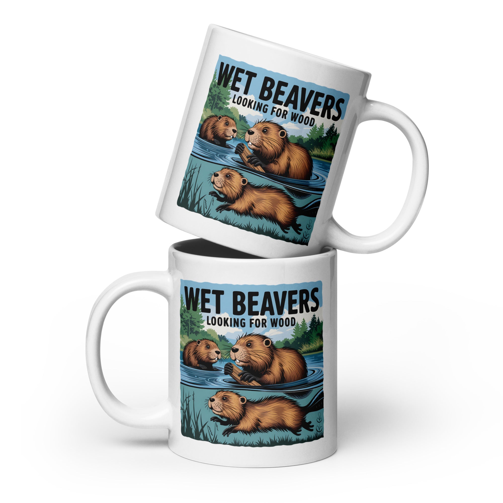 Wet Beavers Looking For Wood White glossy mug